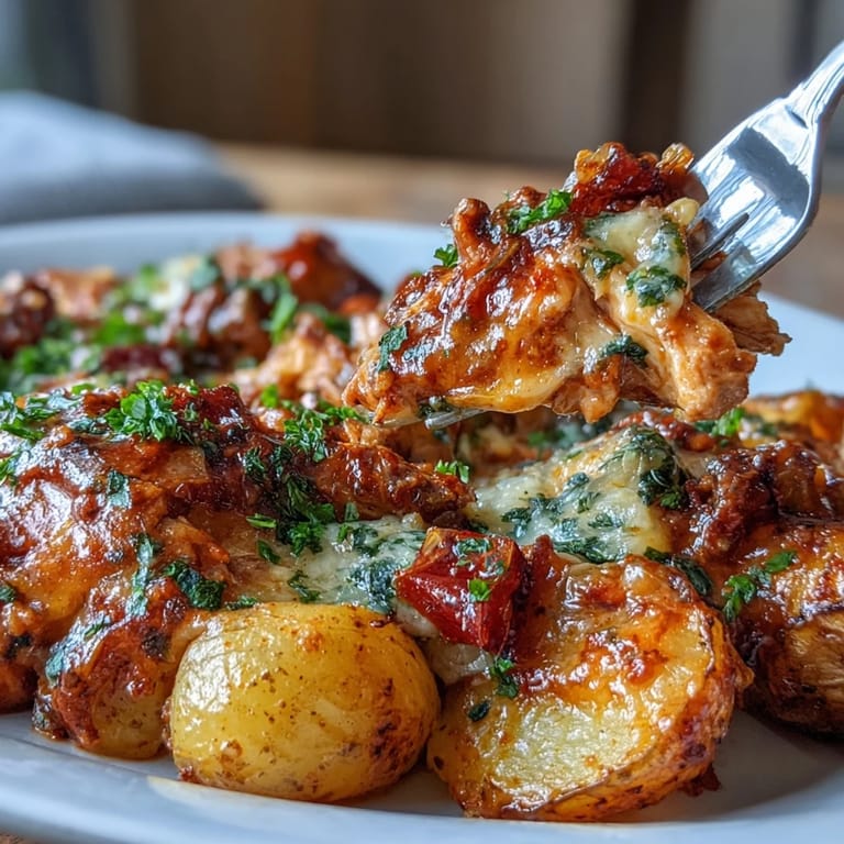 Close-up of Buffalo Ranch Chicken Potato Bake with colorful diced red bell peppers and red onion wedges, highlighting crispy edges and succulent chicken.
