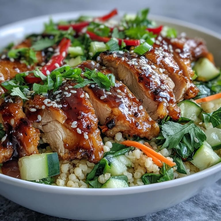 Ready-to-serve Sesame Ginger Chicken Couscous Bowls showcase fresh cilantro, bell pepper, and toasted sesame seeds over a bed of warm Mediterranean grains.