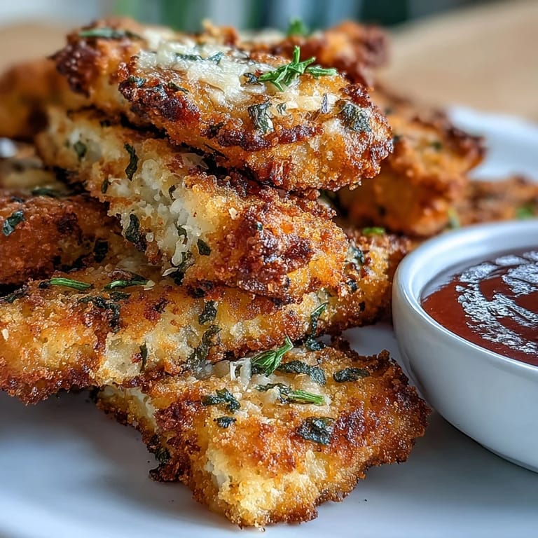 Freshly baked Crispy Baked Chicken Parmesan Fries are arranged on a plate with marinara sauce.