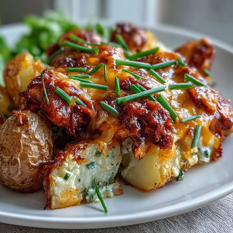 Hearty Buffalo Ranch Chicken Potato Bake served garnished with fresh chives on a rustic table.