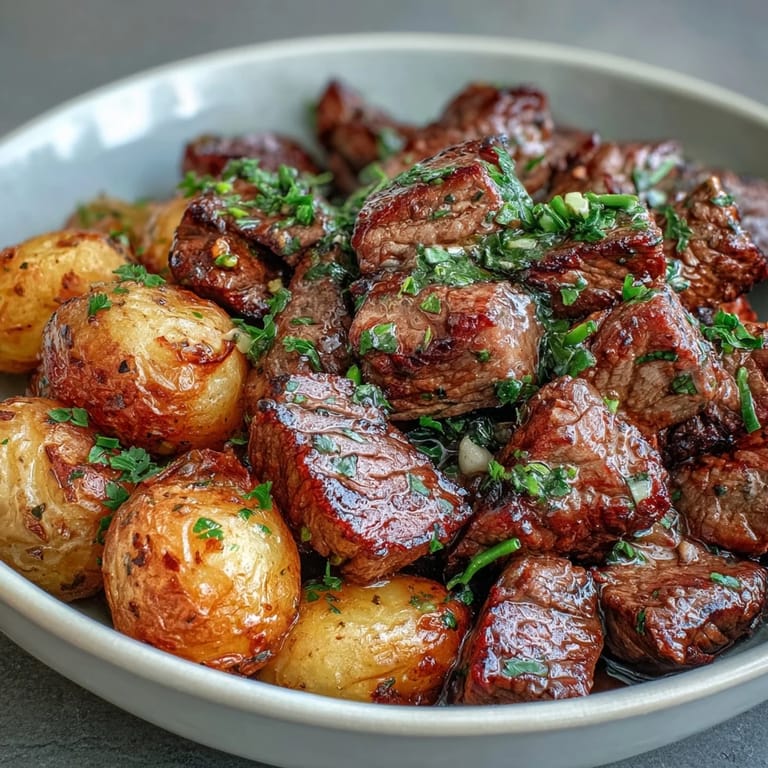 Steam rises from the Garlic Butter Steak & Potato Skillet as fresh parsley garnishes the sizzling skillet.