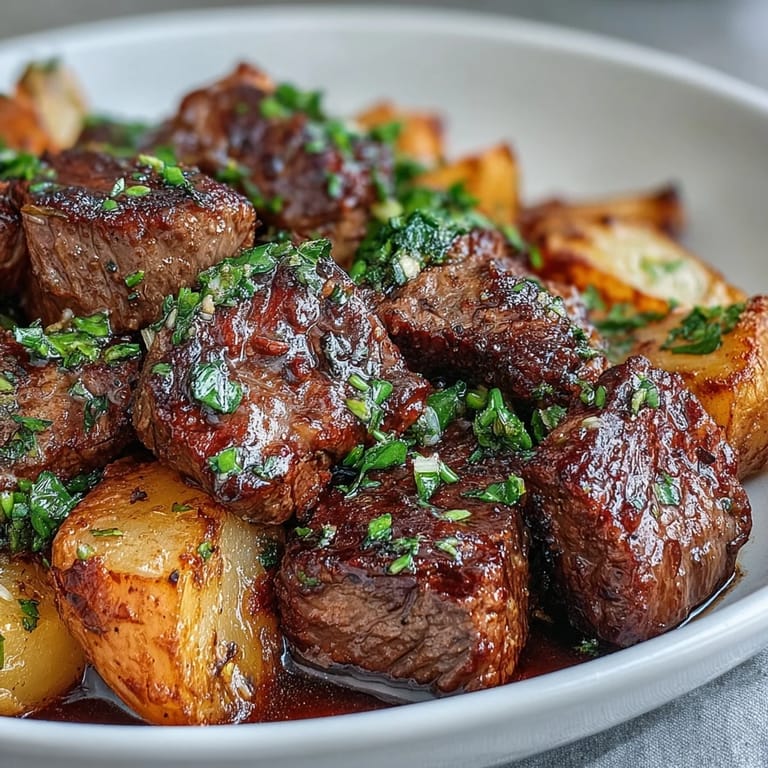 Family-style Garlic Butter Steak & Potato Skillet served on a platter, perfect for a busy weeknight dinner.