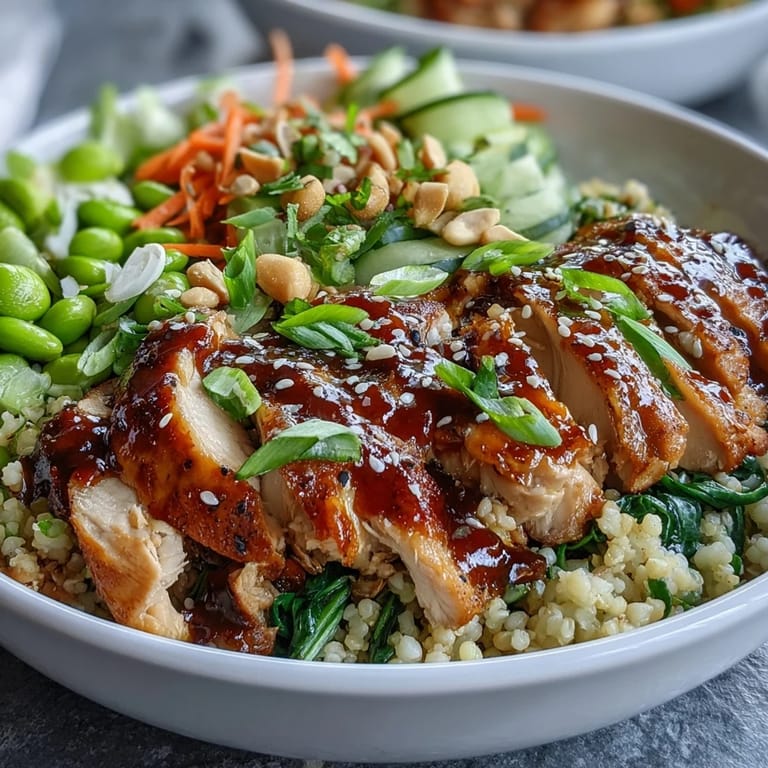 Overhead view of a colorful fusion bowl featuring juicy chicken, toasted sesame seeds, and colorful vegetables with a zesty Asian-inspired sauce, perfect for meal prep.