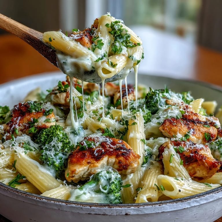 Golden chicken, al dente pasta, and bright green broccoli tossed in a rich garlic Parmesan sauce.