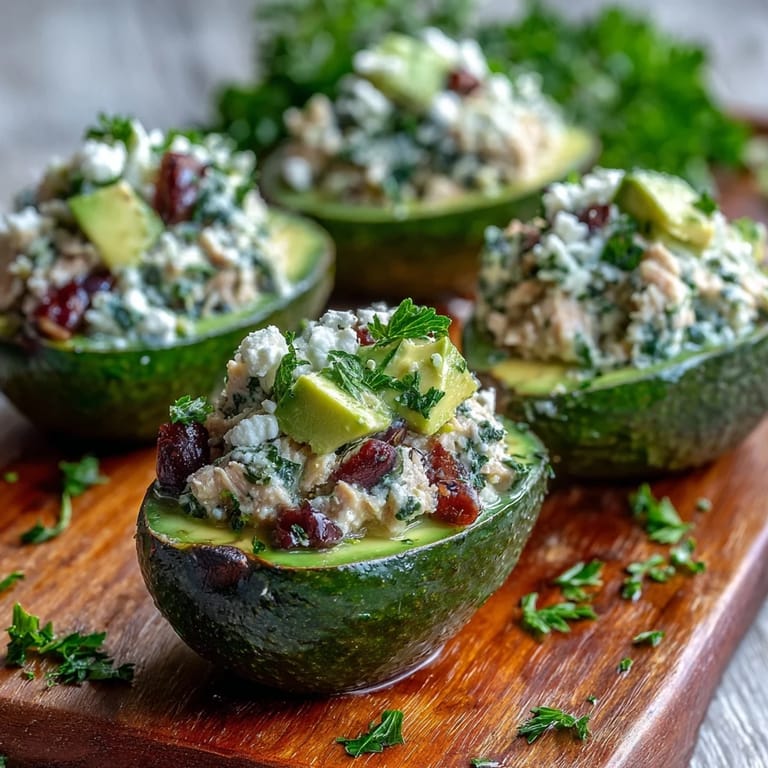 Fresh, halved avocados filled with vibrant Mediterranean Tuna Salad, showcasing chopped cherry tomatoes and crumbled feta.