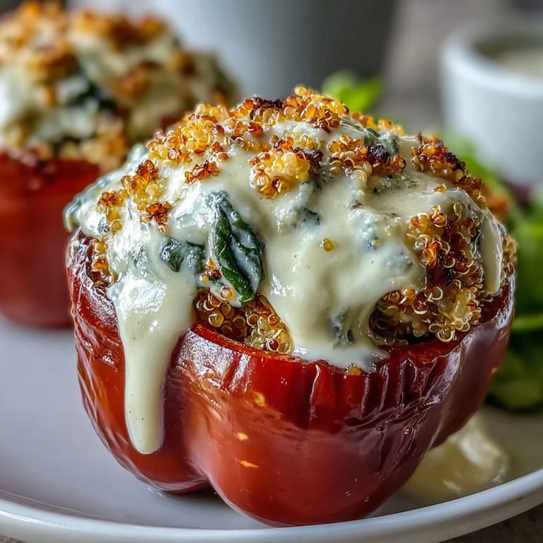 A close-up view of a single Vegan Spinach and Artichoke Stuffed Pepper, showcasing the savory filling and tender baked pepper texture.