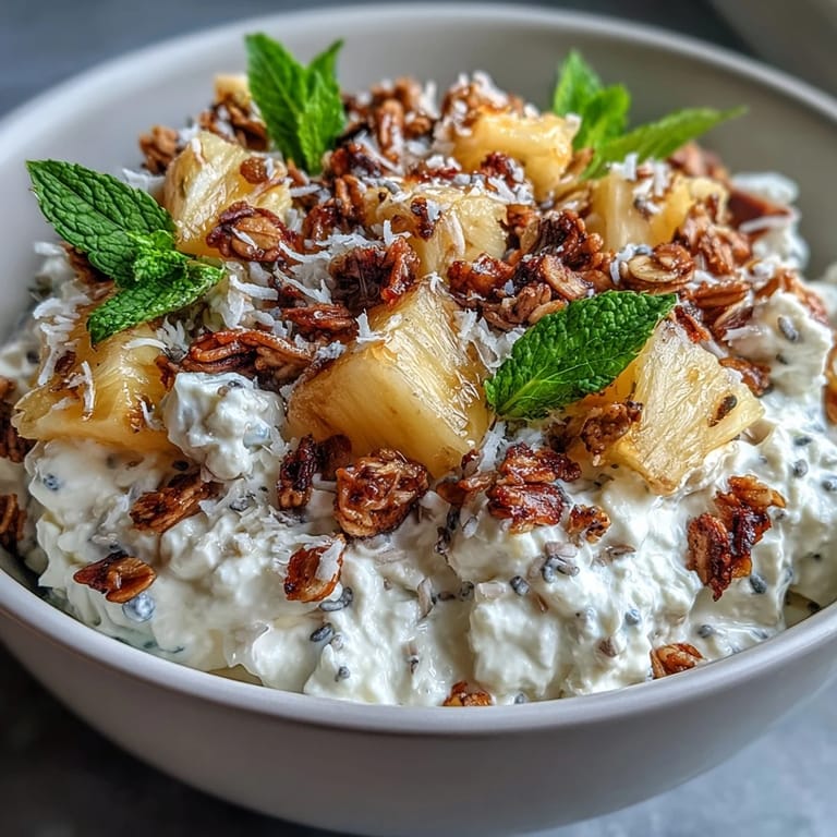 A serving of the Cottage Cheese Breakfast Bowl with Pineapple and Granola is garnished with fresh mint and drizzled with golden honey on a sunny table.