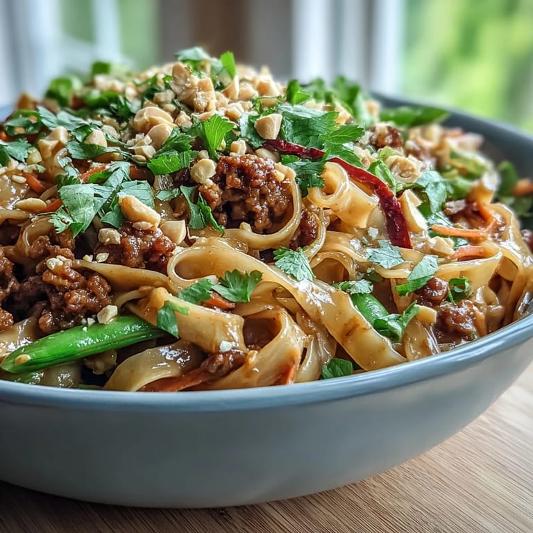 Tender ground chicken and vibrant vegetables coated in a creamy peanut sauce in this Creamy Thai-Inspired Peanut Noodle Bowls dish.