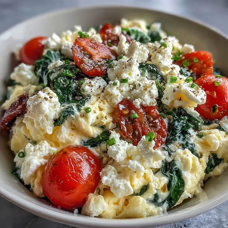 Hearty Mediterranean-inspired breakfast bowl featuring creamy feta, fresh spinach, and scrambled eggs, topped with cherry tomatoes and served with crisp whole grain toast.