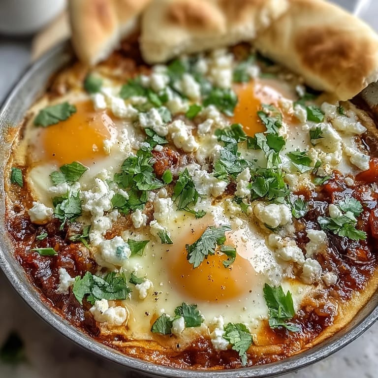 Colorful shakshuka bowl with runny eggs nestled in a fragrant blend of tomatoes, peppers, and spices, perfect for brunch.