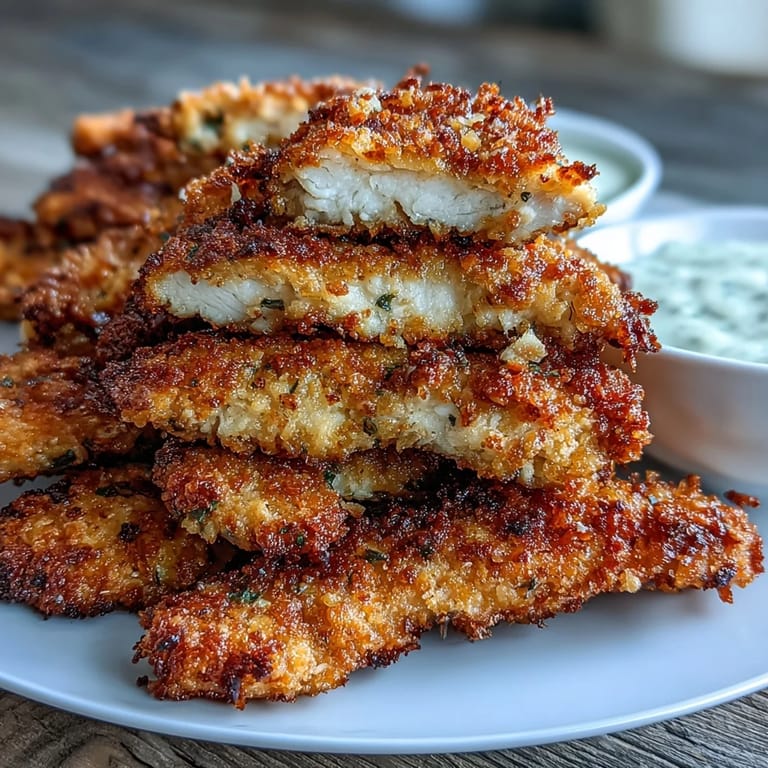 Oven-baked chicken fries with a crispy Parmesan crust, served fry-style alongside warm marinara and creamy ranch for dipping.