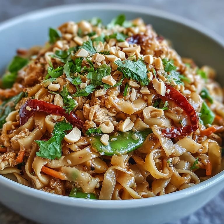 Vibrant rice noodle bowls loaded with fresh vegetables, tender chicken, and creamy peanut sauce, garnished with peanuts.  