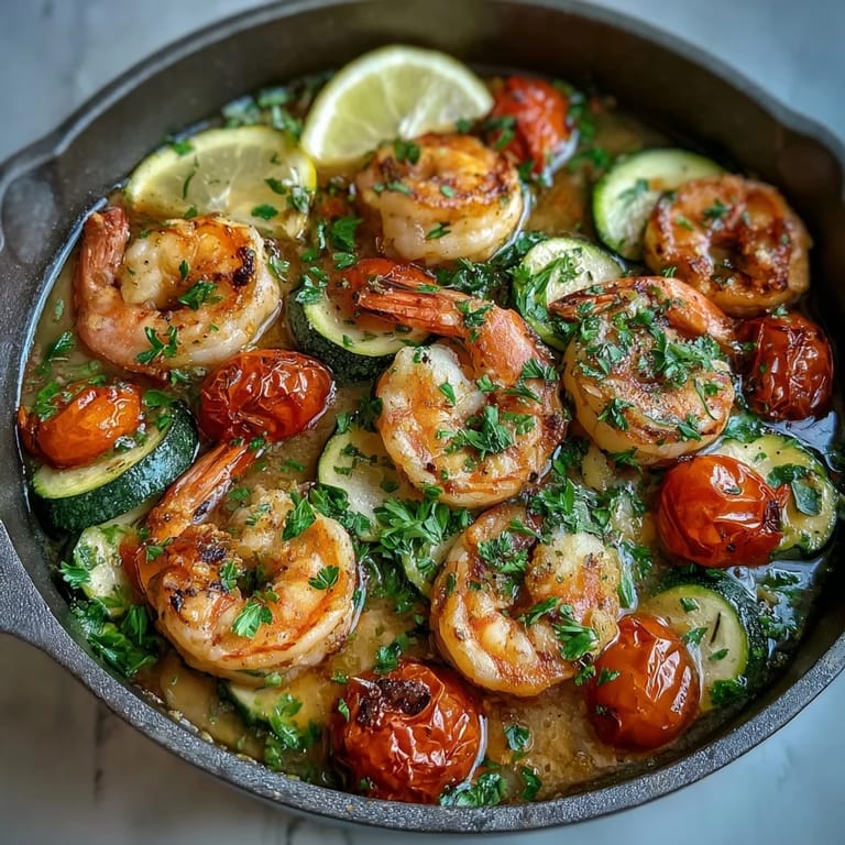 Succulent shrimp and tender zucchini tossed in a bright lemon-butter sauce, topped with fresh parsley for a healthy dinner.  