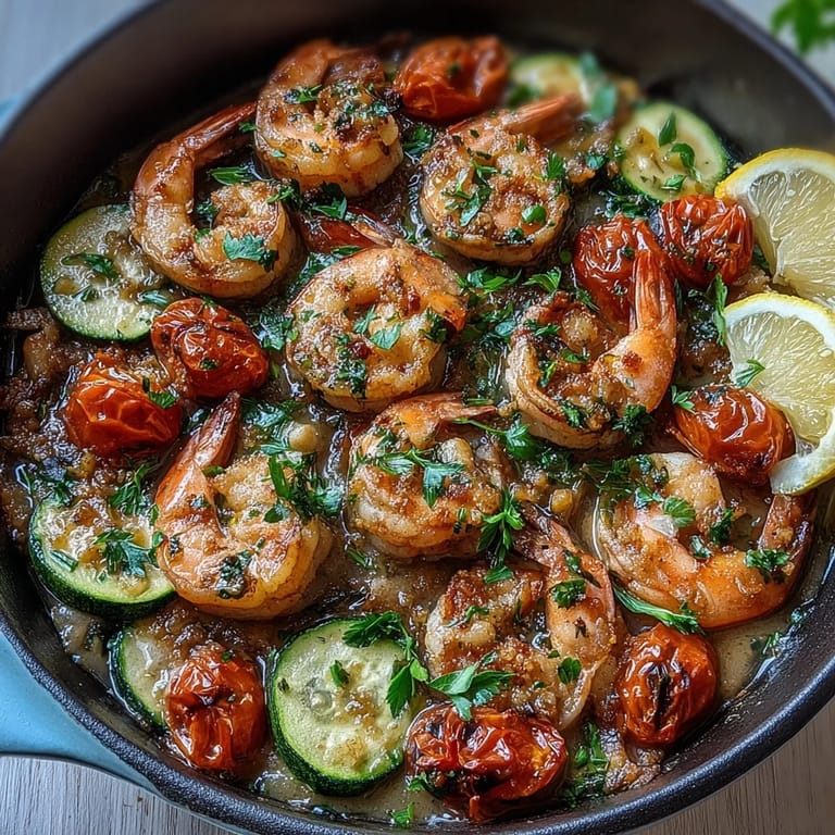 Easy one-pan lemon butter shrimp with juicy cherry tomatoes and zucchini, perfect for a quick gluten-free weeknight meal.