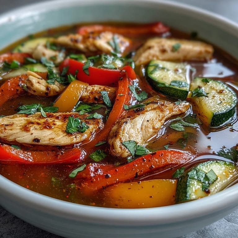 Colorful bell peppers, zucchini, and tender chicken slices simmering in a fragrant broth with fajita spices in a rustic pot.