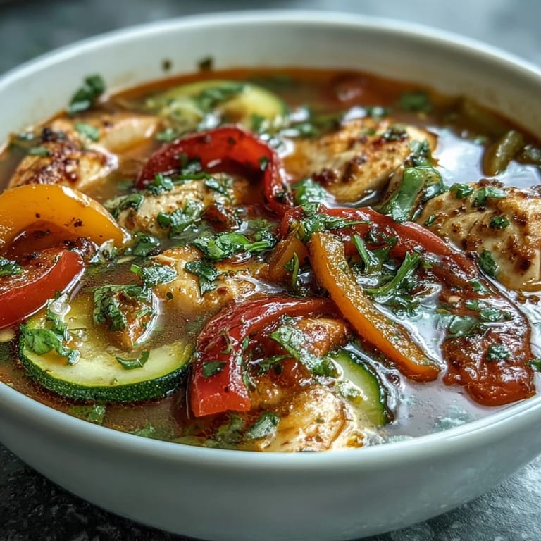 Healthy one-pot chicken fajita soup with vibrant vegetables and smoky spices, served hot and ready to enjoy.