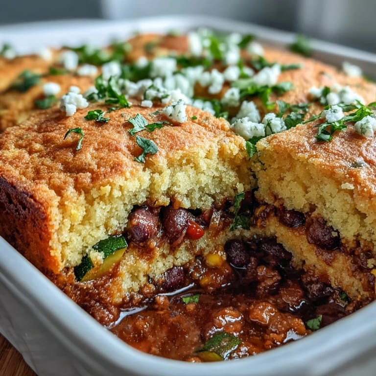 Colorful vegan taco pot pie with black beans, peppers, and golden cornbread topping, ready to serve.