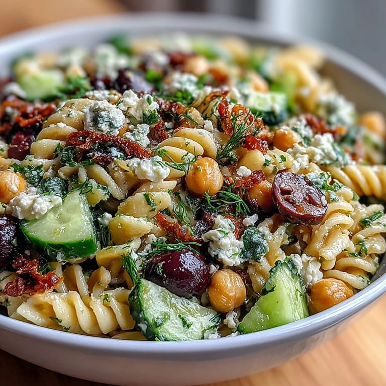 Vibrant Mediterranean Chickpea Pasta Salad with Cucumber and Olives - Protein-rich chickpeas, fresh veggies, and tangy feta combine in this easy, refreshing salad, perfect for summer picnics or light lunches.  