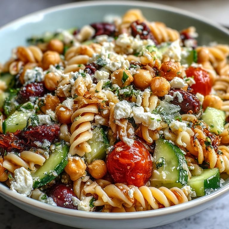 Mediterranean Chickpea Pasta Salad with Cucumber and Olives - A hearty, vegetarian pasta salad loaded with crisp cucumber, ripe tomatoes, Kalamata olives, and crumbled feta, finished with a bright lemon vinaigrette.