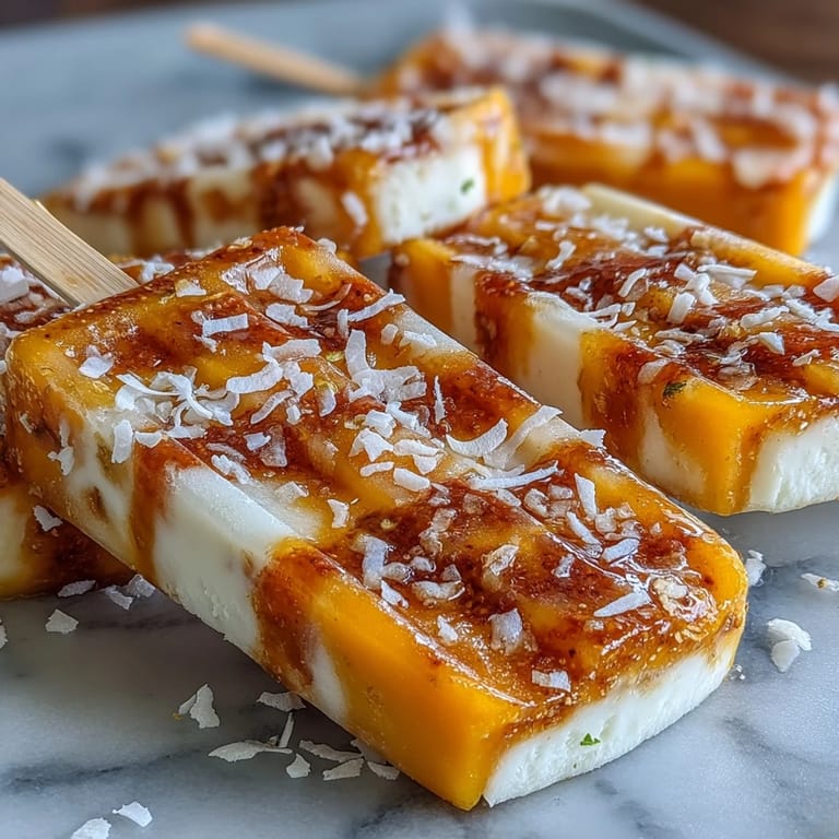 Vibrant mango Greek yogurt popsicles blended with lime and coconut, offering a tangy and tropical frozen dessert.
