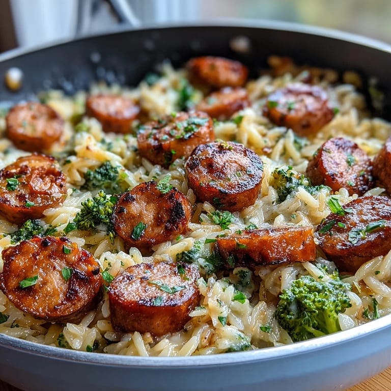A vibrant one-pan meal of golden chicken sausage, tender orzo, and crisp broccoli, finished with fresh lemon and Parmesan.  
