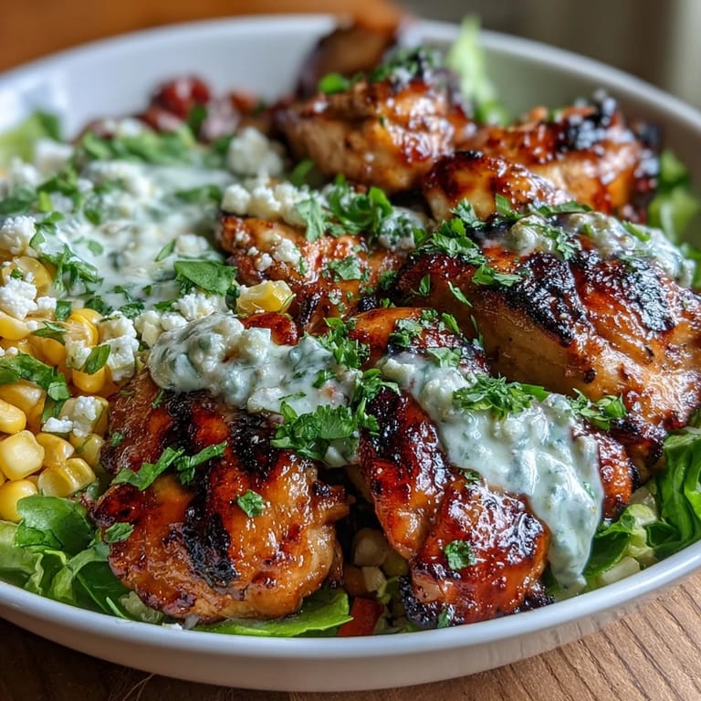 Vibrant bowl of grilled chicken and smoky street corn with crisp lettuce, cherry tomatoes, and creamy lime yogurt dressing.