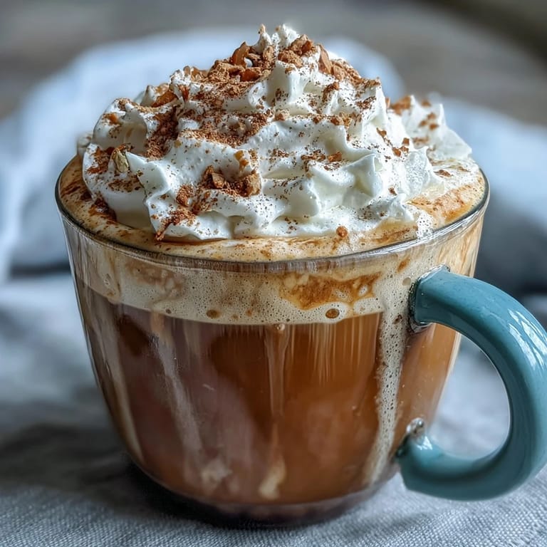 Cozy holiday chai latte topped with spiced whipped cream and dusted with cinnamon for festive cheer.  