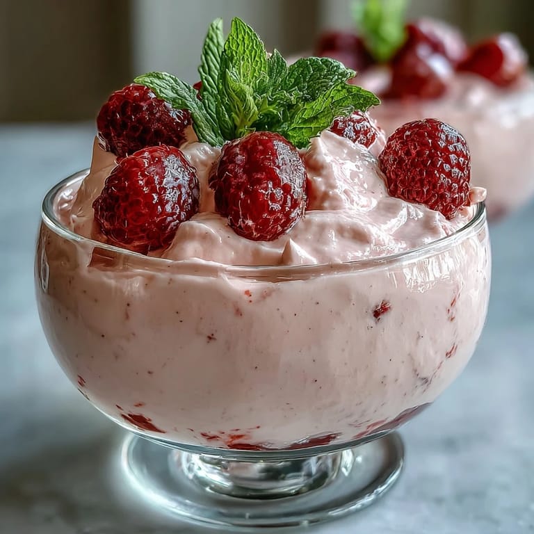 A smooth and refreshing cottage cheese raspberry mousse with a vibrant pink hue, perfect for a healthy treat.