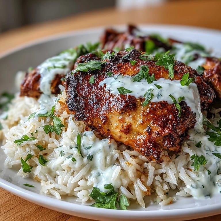 Hearty one pot shawarma chicken and rice featuring smoky paprika, turmeric, and cinnamon, served with a zesty lemon yogurt sauce and fresh parsley.  