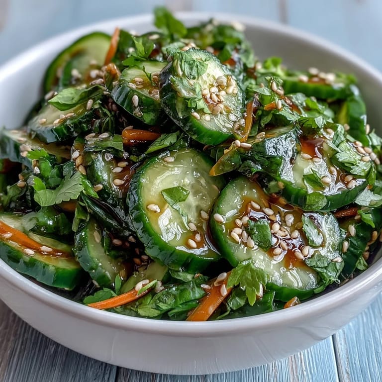 Crisp cucumber slices tossed in a tangy soy-sesame dressing, topped with chili flakes and green onions for a refreshing Asian-inspired salad.