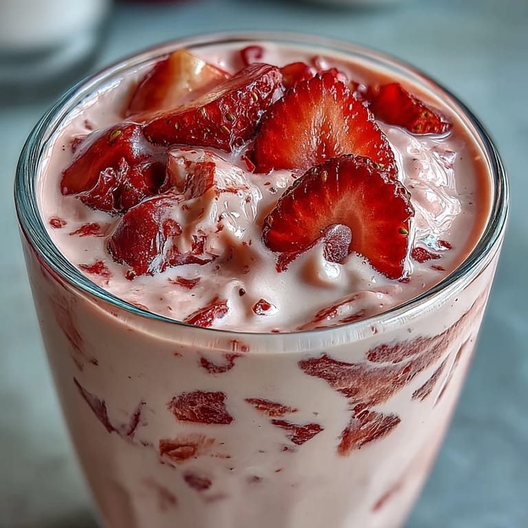 A refreshing cottage cheese strawberry smoothie topped with extra berries, offering a sweet and tangy flavor in every sip.