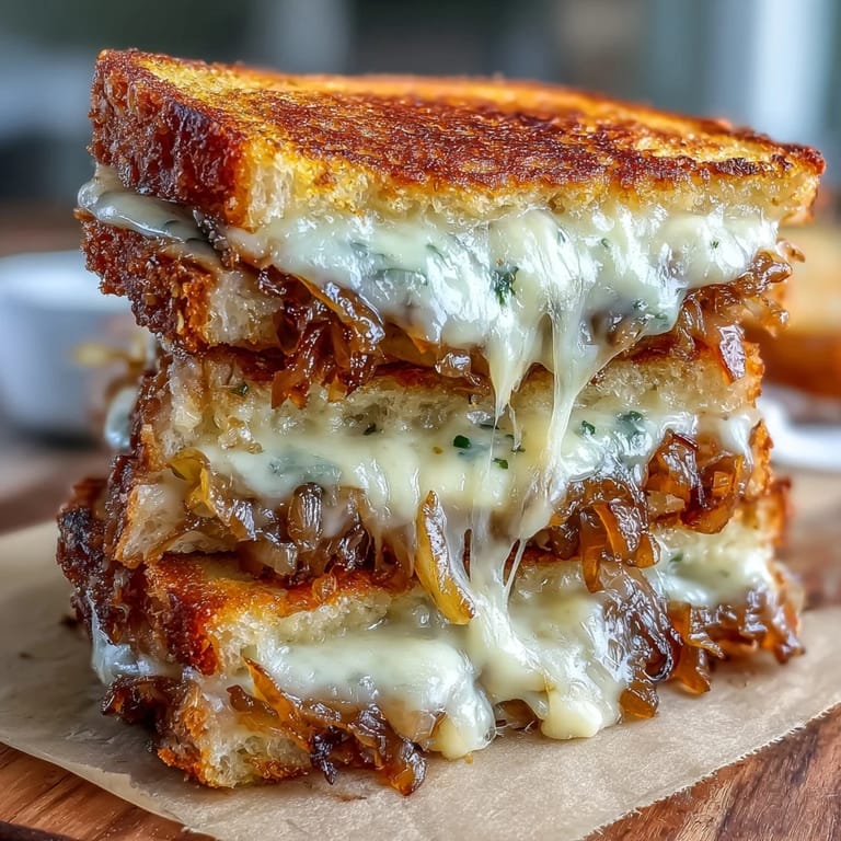 Rich and savory sourdough sandwich filled with sweet caramelized onions and bubbling Gruyère, inspired by classic French onion soup.