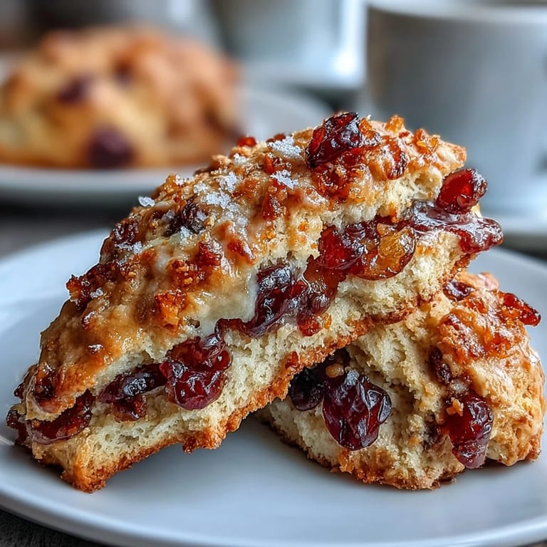 Tender scones with bright orange zest and sweet-tart cranberries, brushed with cream and baked to golden perfection for a delightful snack.