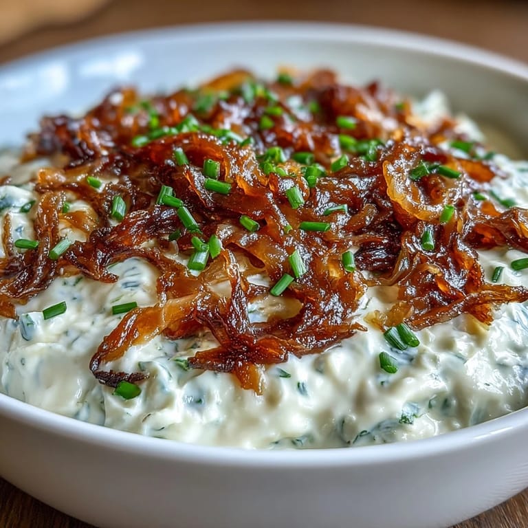 Homemade caramelized onion dip made with Greek yogurt, topped with fresh chives for a flavorful appetizer spread.