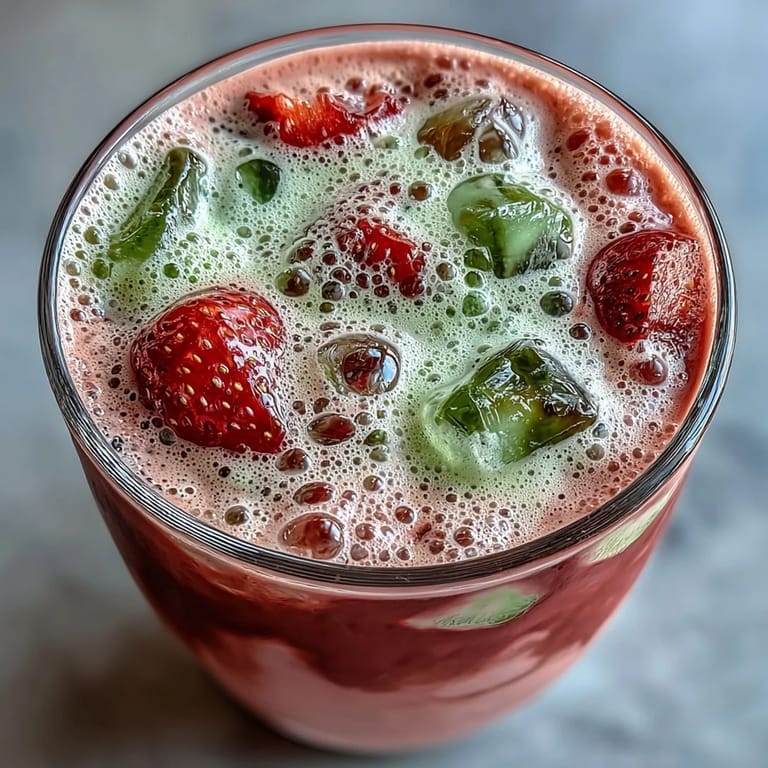 Instagram-worthy strawberry matcha latte featuring fresh strawberries, smooth matcha, and frothy oat milk over ice.