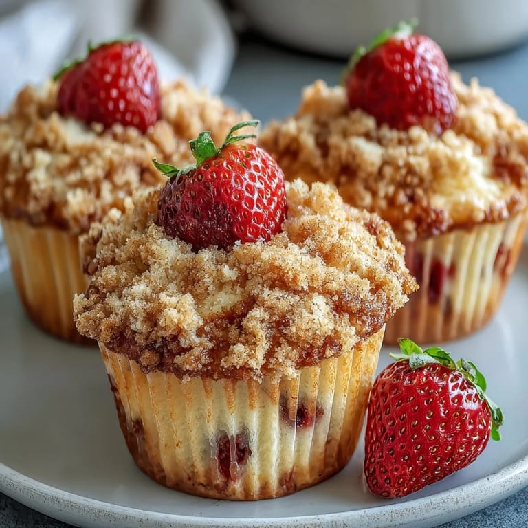 Crumb-topped strawberry muffins made with sourdough discard, offering a tender crumb and bright berry flavor.