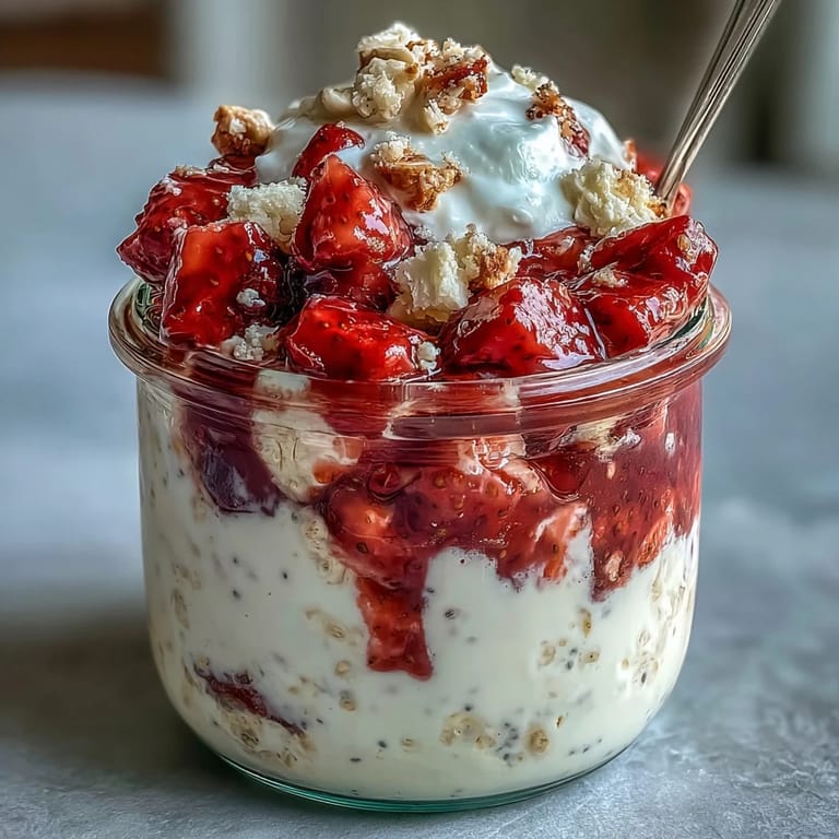 Layers of vanilla-infused oats, juicy strawberries, and whipped cream create a dreamy strawberry shortcake breakfast jar.