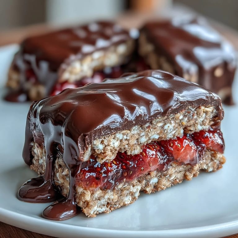Chewy oat base topped with strawberry preserves and freeze-dried berries, finished with rich chocolate coating.  