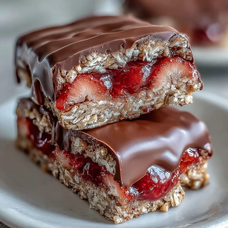 No-bake strawberry oat bars drizzled with melted chocolate for a sweet, satisfying treat.