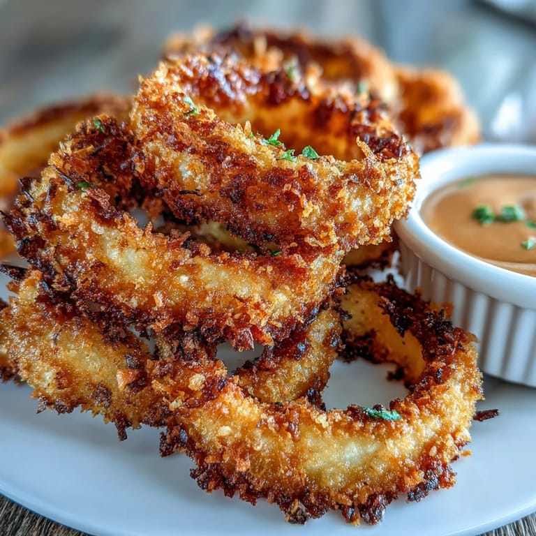Crispy baked onion rings paired with a rich smoky paprika dip, an easy and delicious vegetarian appetizer or snack.