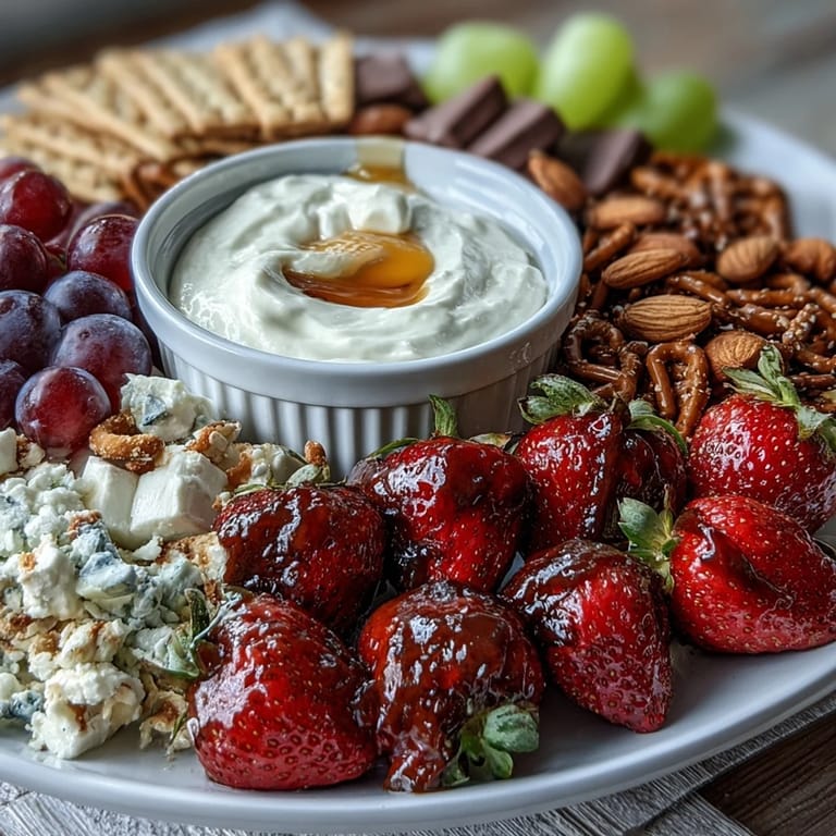 Vibrant leftover strawberry platter arranged with pretzels, graham crackers, and nuts, paired with a tangy honey-lemon yogurt dip.  