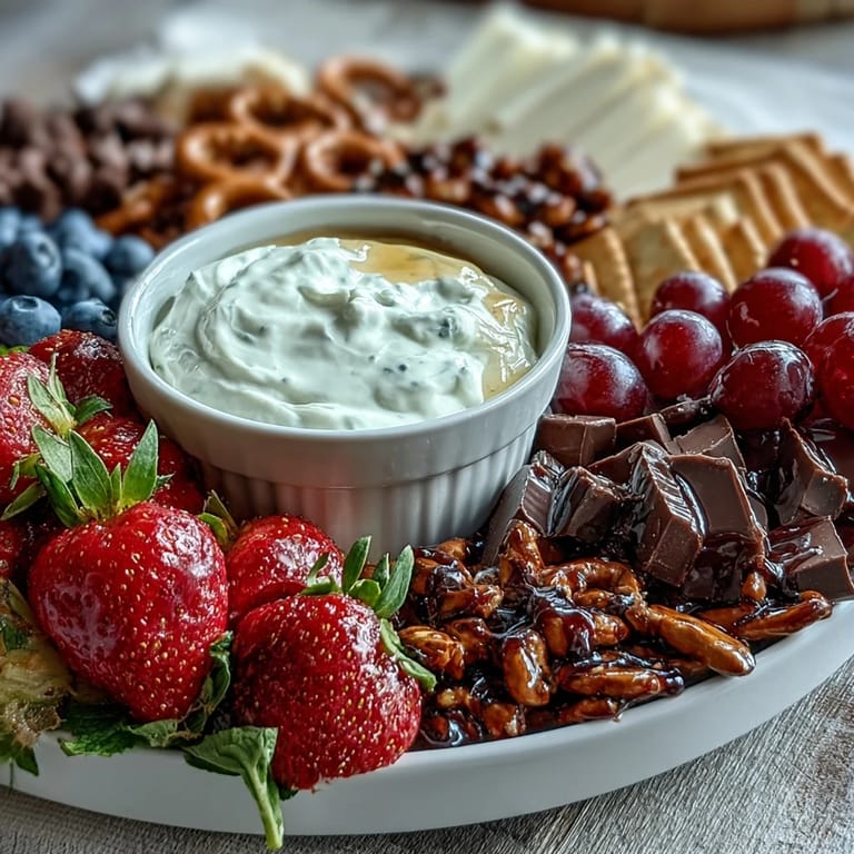 Festive Galentines strawberry snack board featuring juicy berries, crunchy dippers, and a smooth vanilla yogurt dip for a sweet treat.