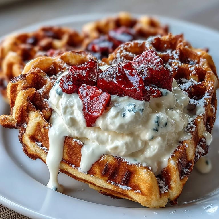 Crispy, golden heart-shaped waffles served with a smooth cottage cheese whip and sweet, juicy strawberries for a wholesome, delicious start to your day.