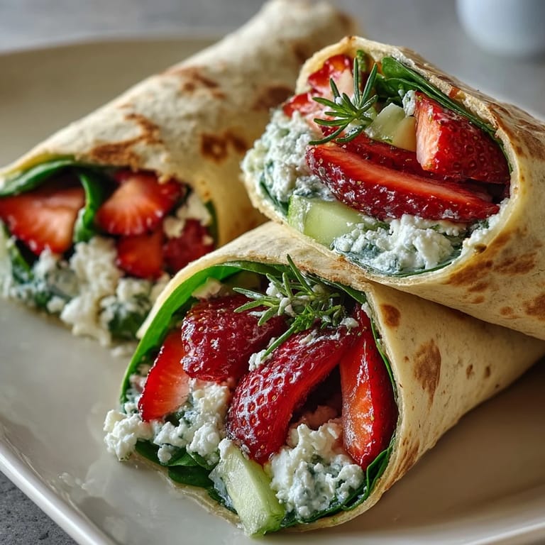 Colorful strawberry spinach wraps with crunchy cucumber, red onion, and crumbled goat cheese, perfect for a refreshing vegetarian meal.