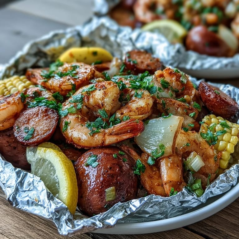 Savory foil packet meal featuring shrimp, sausage, potatoes, and corn, seasoned with Old Bay and lemon for a classic American boil.