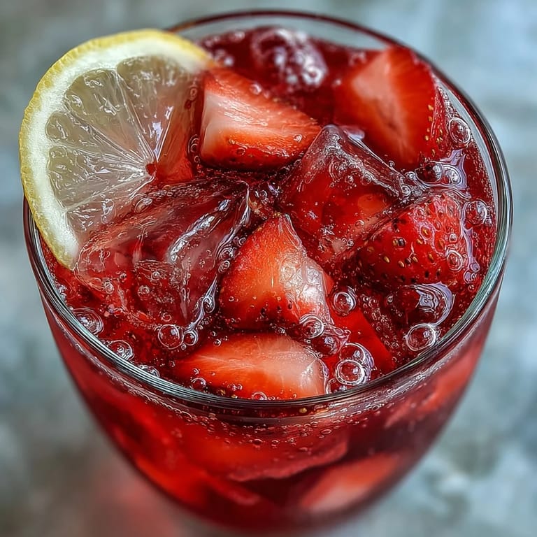 A close-up view of a refreshing strawberry lemonade mocktail with ice cubes, lemon wedges, and a splash of bubbly sparkling water in a clear glass.  