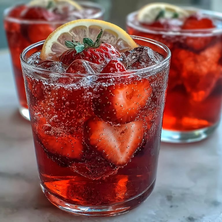 A pitcher of homemade strawberry lemonade mocktail with sliced lemons and strawberries, ready to pour into chilled glasses with sparkling water for a summer drink.
