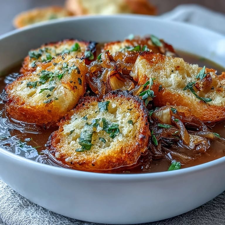 Creamy, aromatic roasted garlic soup with caramelized onions, topped with golden herb croutons for added crunch.  