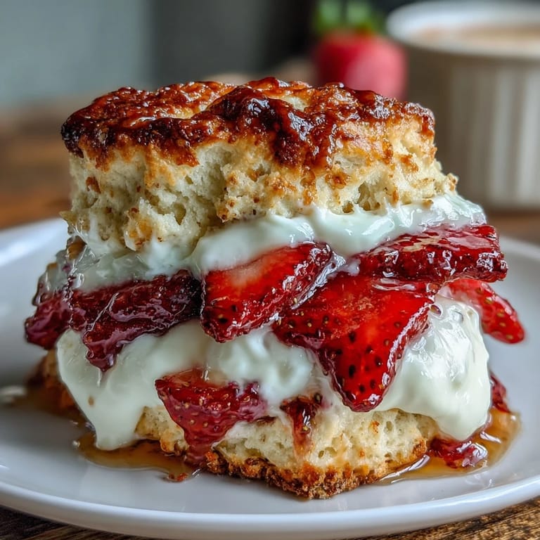 Golden baked scones filled with juicy strawberries and creamy vanilla yogurt for a fresh dessert.