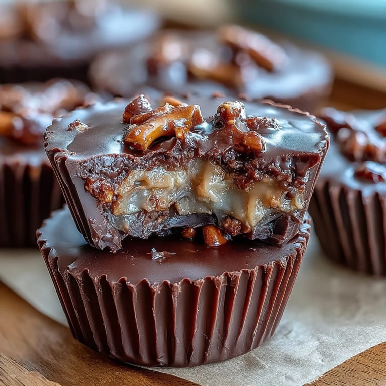 A stack of crunchy pretzel homemade peanut butter cups, perfect for satisfying sweet and salty cravings.  